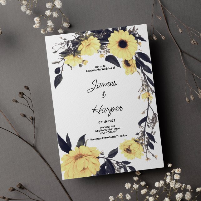Watercolor yellow dark grey daisy floral Wedding Invitation (Watercolor yellow dark gray daisy floral Wedding )