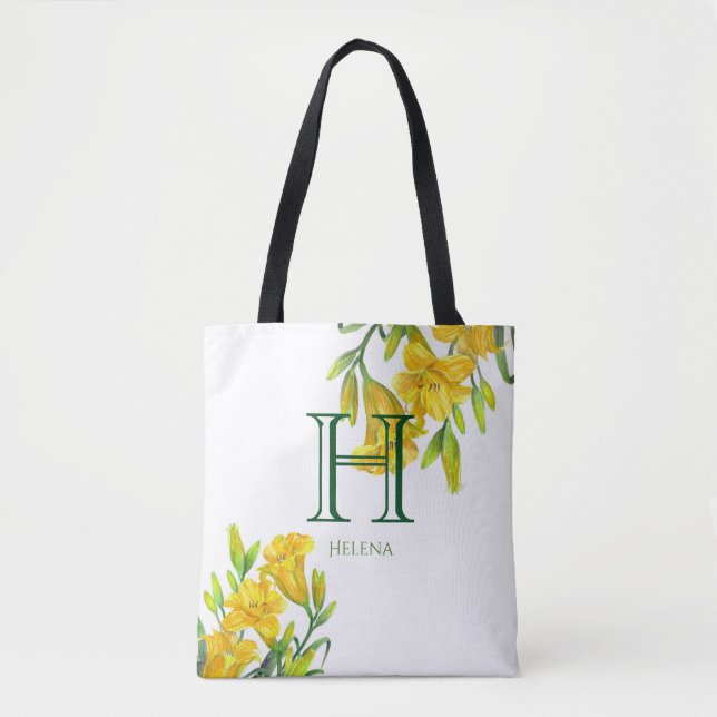 Watercolor Yellow Day Lilies Floral Monogram Tote Bag (Front)
