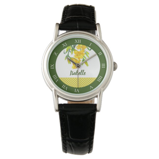 Watercolor Yellow Day Lilies Floral Roman Numbers Watch (Front)