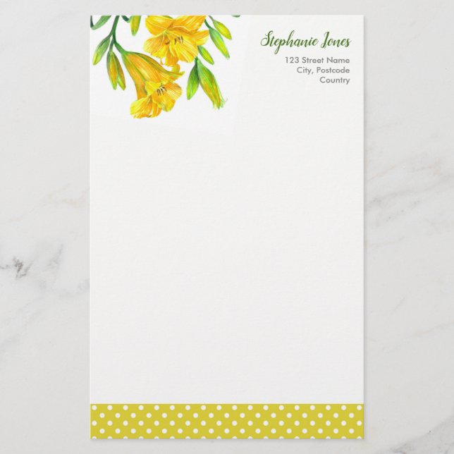 Watercolor Yellow Day Lilies Flower Painting Stationery (Front)