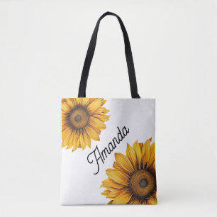 Watercolor Yellow Diagonal Script Name Sunflowers Tote Bag