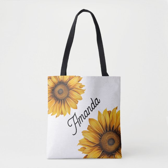 Watercolor Yellow Diagonal Script Name Sunflowers Tote Bag (Front)