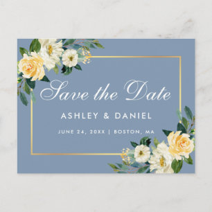 Watercolor Yellow Floral Dusty Blue Save the Date Postcard