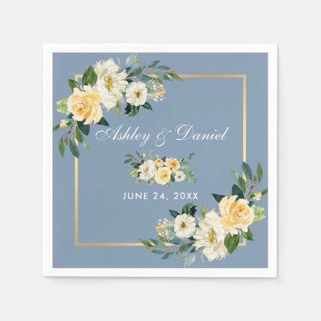 Watercolor Yellow Floral Dusty Blue Wedding Napkin (Front)