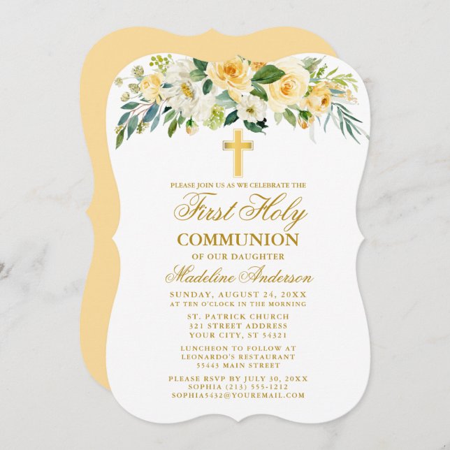 Watercolor Yellow Floral First Communion Gold Invitation (Front/Back)