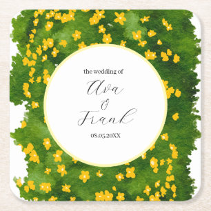 Watercolor Yellow Floral Garden White Wedding Square Paper Coaster