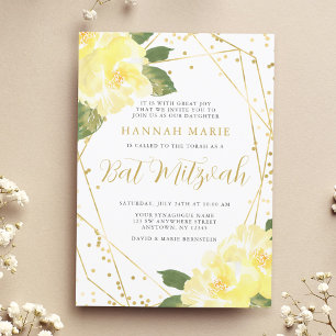 Watercolor Yellow Floral Gold Bat Mitzvah Invitation
