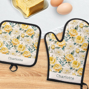Watercolor Yellow Floral Kitchen Oven Mitt & Pot Holder Set