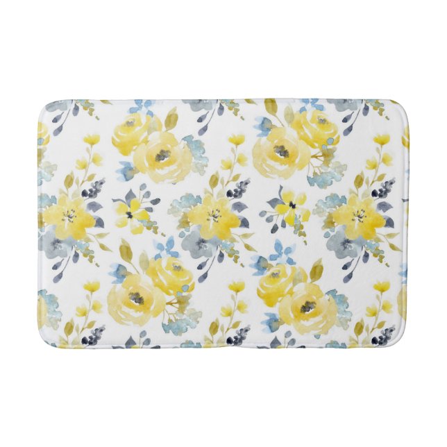 Watercolor Yellow Floral Pattern Bath Mat (Front)