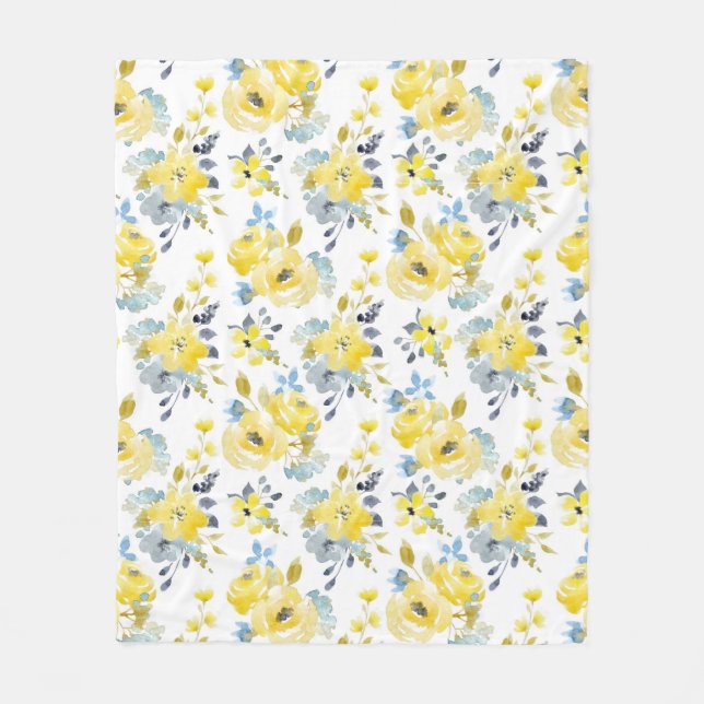 Watercolor Yellow Floral Pattern Fleece Blanket (Front)