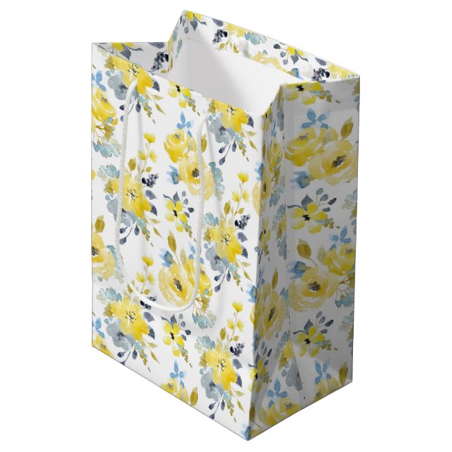 Watercolor Yellow Floral Pattern Medium Gift Bag (Front Angled)