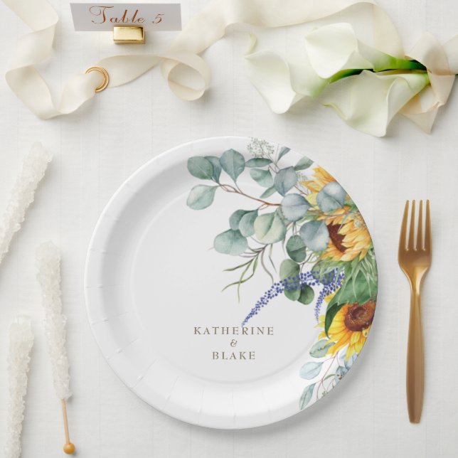 Watercolor Yellow Floral Personalised Wedding Paper Plate (Wedding)