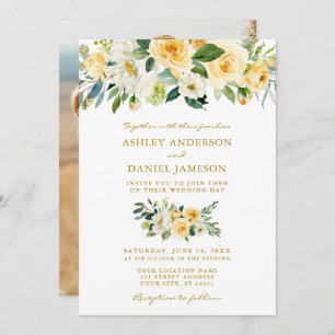 Watercolor Yellow Floral Photo Gold Wedding Invitation