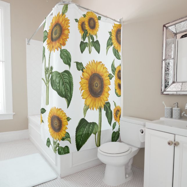 Watercolor Yellow Flowers Botanical Foliage Shower Curtain (In Situ)