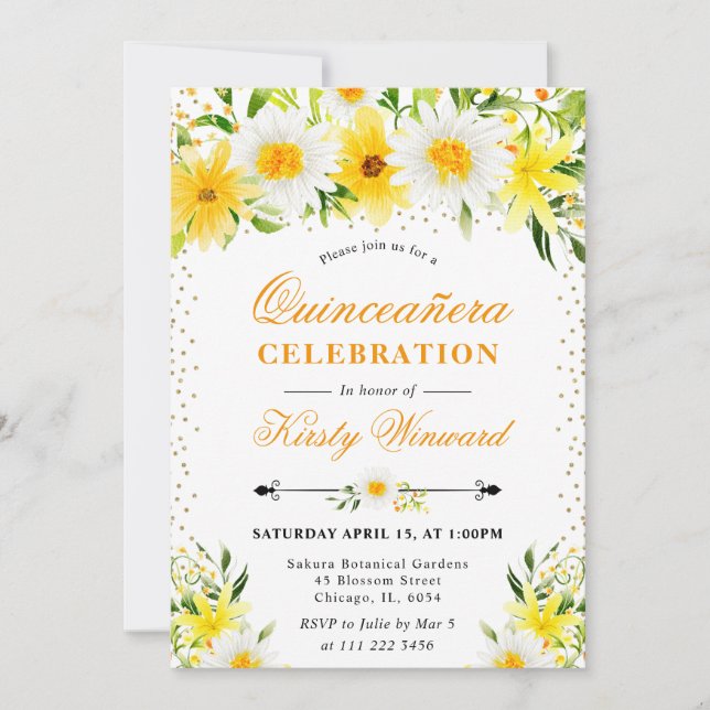 Watercolor Yellow Flowers & Daisies Quinceanera Invitation (Front)