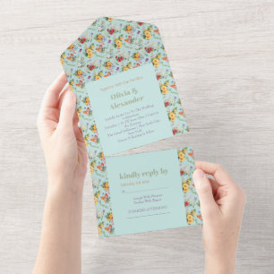 Watercolor Yellow Flowers & Floral Pattern Design All In One Invitation
