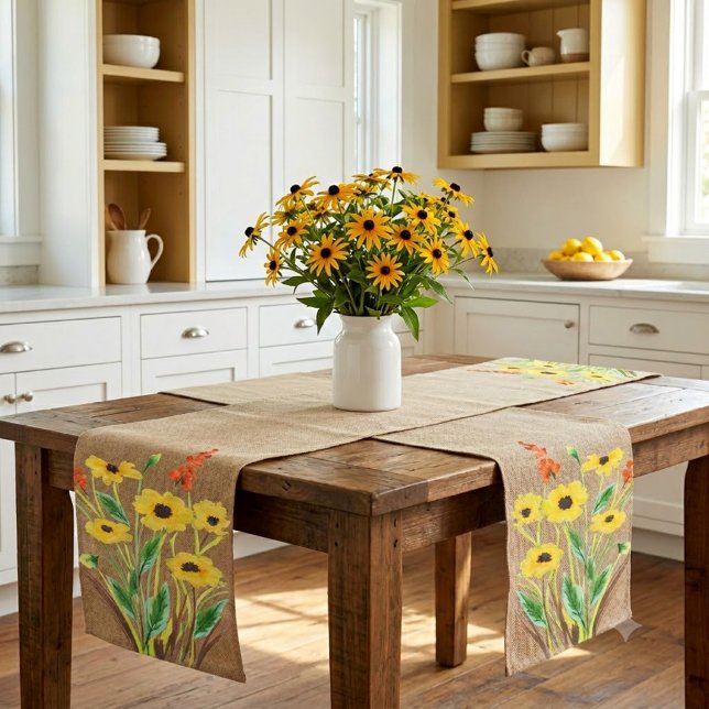Watercolor Yellow Flowers on Burlap  Short Table Runner (Creator Uploaded)