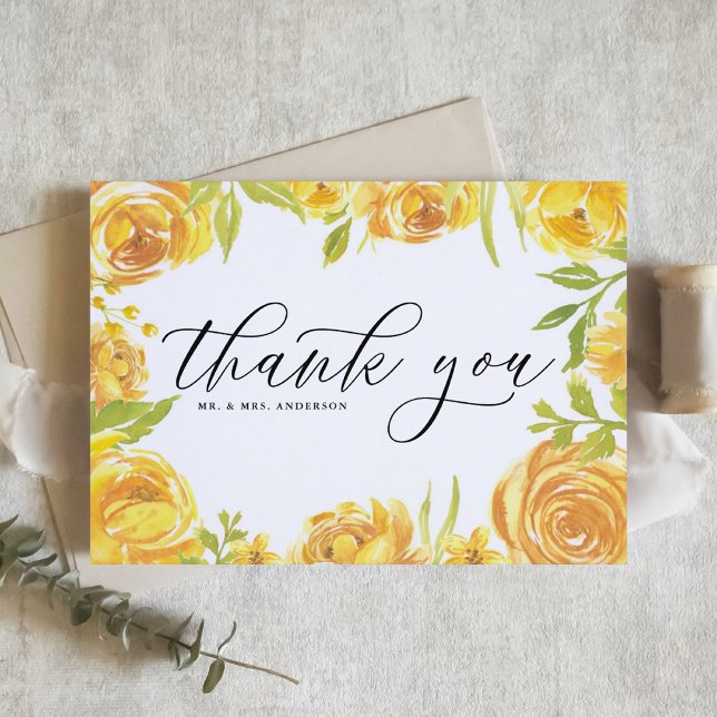 Watercolor Yellow Garden Roses Frame Wedding Thank You Card (Creator Uploaded)