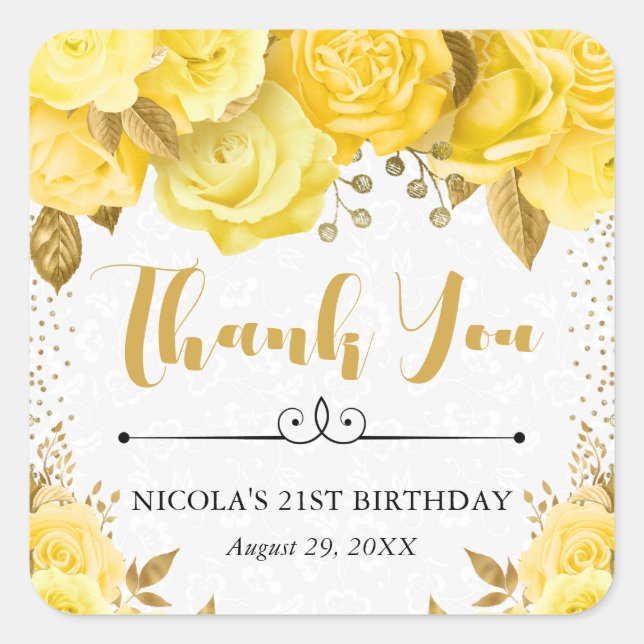 Watercolor Yellow Glam Roses Birthday Square Sticker (Front)