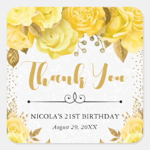 Watercolor Yellow Glam Roses Birthday Square Sticker