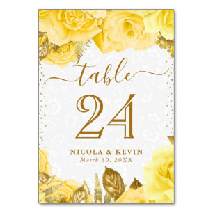 Watercolor Yellow Glam Roses Flowers Wedding Table Number