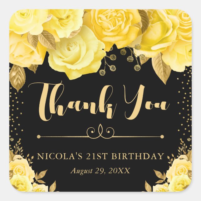Watercolor Yellow Gold Glam Flowers Birthday Square Sticker (Front)