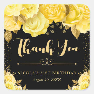 Watercolor Yellow Gold Glam Flowers Birthday Square Sticker