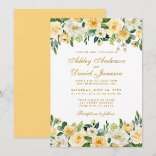 Watercolor Yellow Gold White Elegant Wedding Invitation