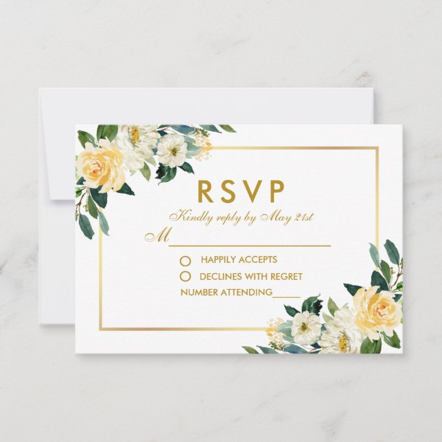 Watercolor Yellow Gold White Floral Wedding RSVP Card (Front)