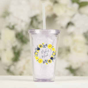 Watercolor Yellow Grey Floral Wreath Wedding Acrylic Tumbler