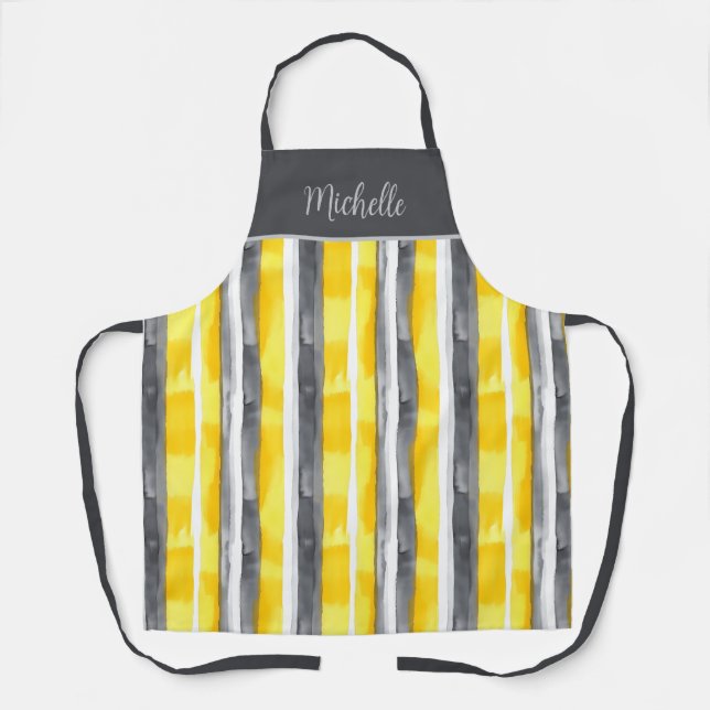Watercolor Yellow Grey White Striped  Apron (Front)