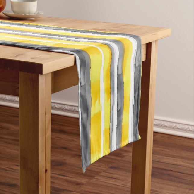 Watercolor Yellow Grey White Striped  Short Table Runner (In Situ)