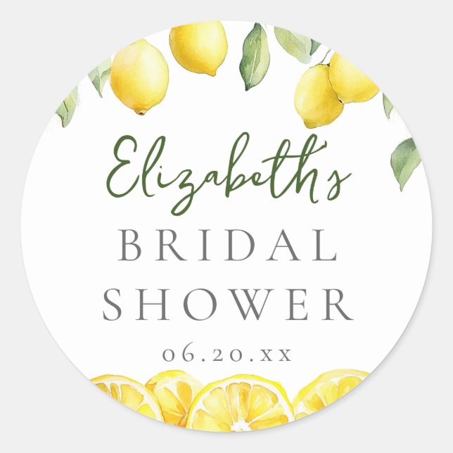 Watercolor Yellow Lemon Citrus Bridal Shower Classic Round Sticker (Front)