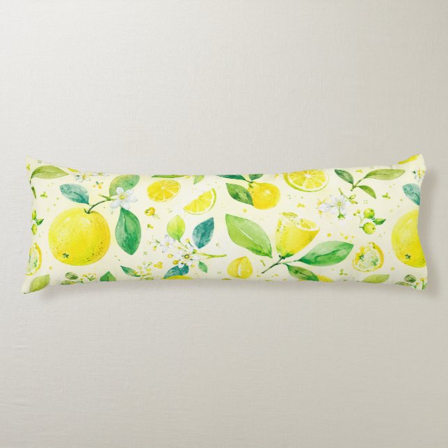 Watercolor Yellow Lemon Citrus Seamless Pattern Body Cushion (Front)