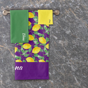 Watercolor yellow lemon green purple pattern  name bath towel set