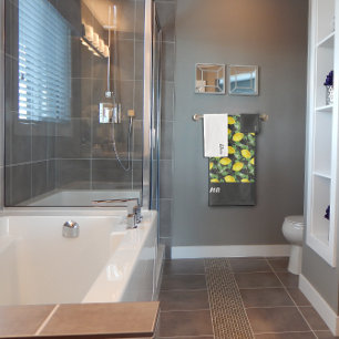 Watercolor yellow lemon grey white pattern name bath towel set