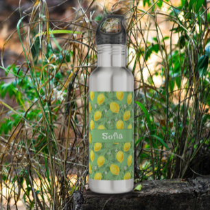 Watercolor yellow lemon pattern name green 710 ml water bottle