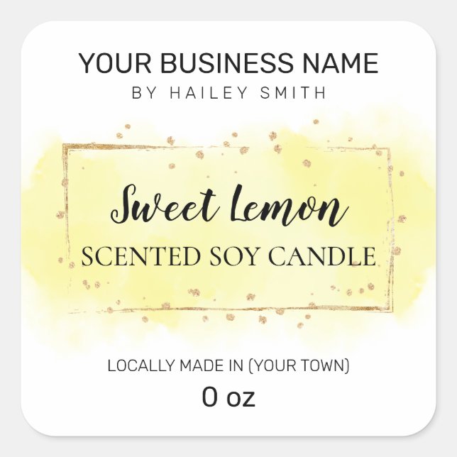 Watercolor Yellow Lemon Scented Soy Candle Square Sticker (Front)