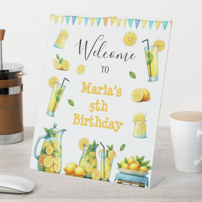 Watercolor Yellow Lemonade Birthday Party Welcome  Pedestal Sign (In SItu)