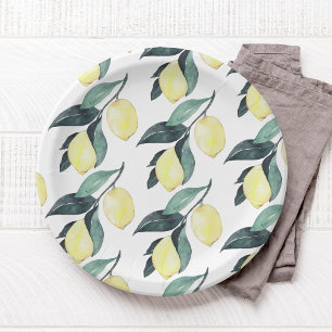 Watercolor Yellow Lemons Seamless Pattern Paper Plate