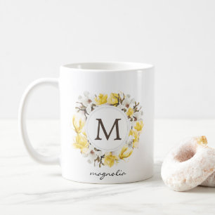 Watercolor Yellow Magnolia Wreath Monogram Coffee Mug