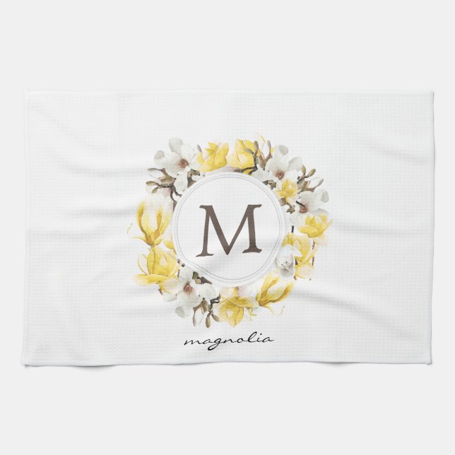 Watercolor Yellow Magnolia Wreath Monogram Tea Towel (Horizontal)