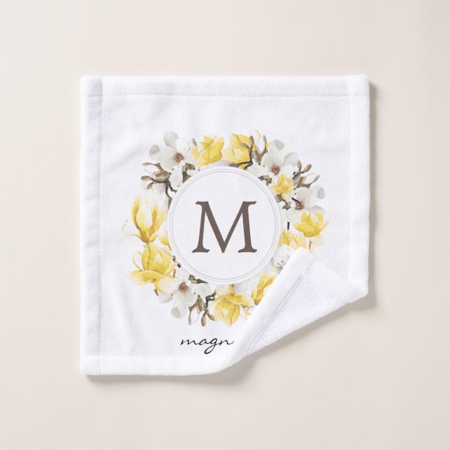 Watercolor Yellow Magnolia Wreath Monogram Wash Cloth (Wash Cloth)