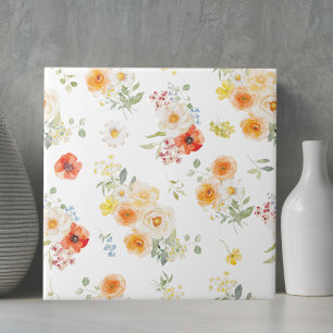 Watercolor Yellow Orange Flowers Floral Pattern Tile