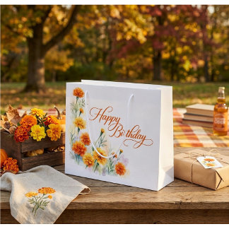 Watercolor Yellow Orange Marigold Happy Birthday  Large Gift Bag