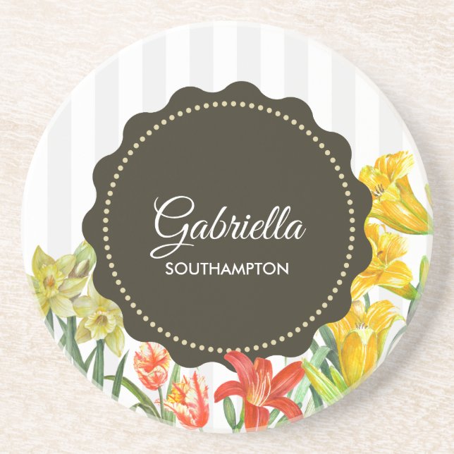 Watercolor Yellow Orange Spring Flowers Coaster (Front)