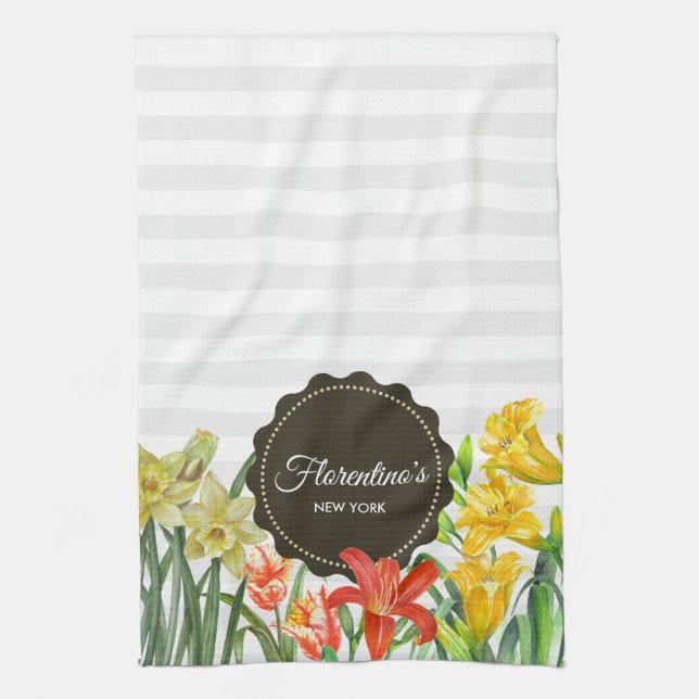 Watercolor Yellow Orange Spring Flowers Design Tea Towel (Vertical)