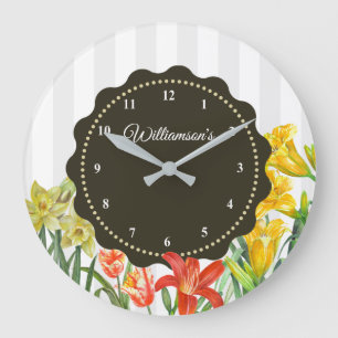 Watercolor Yellow Orange Spring Flowers Large Clock