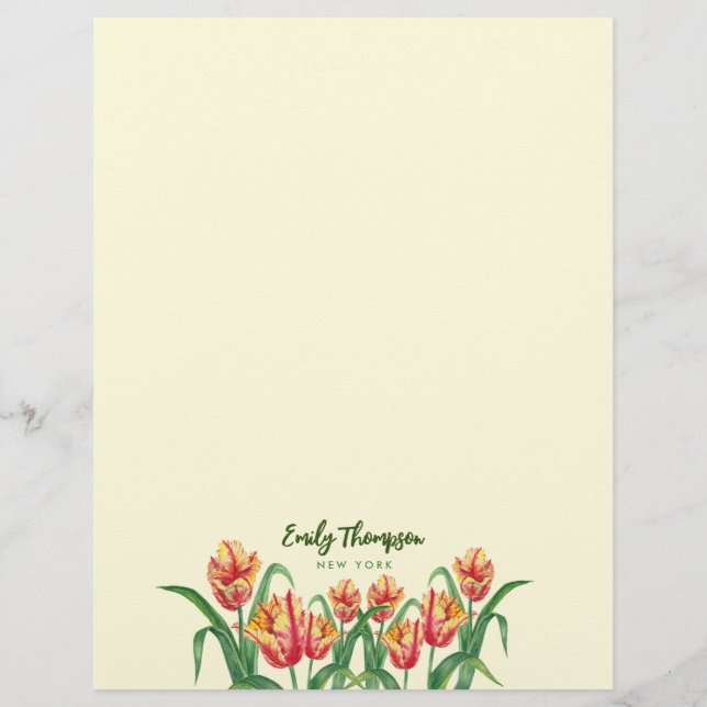 Watercolor Yellow Parrot Tulips Floral Art Custom Letterhead (Back)