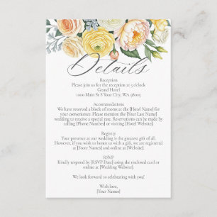 Watercolor Yellow Peach Blooms Wedding Detail Enclosure Card